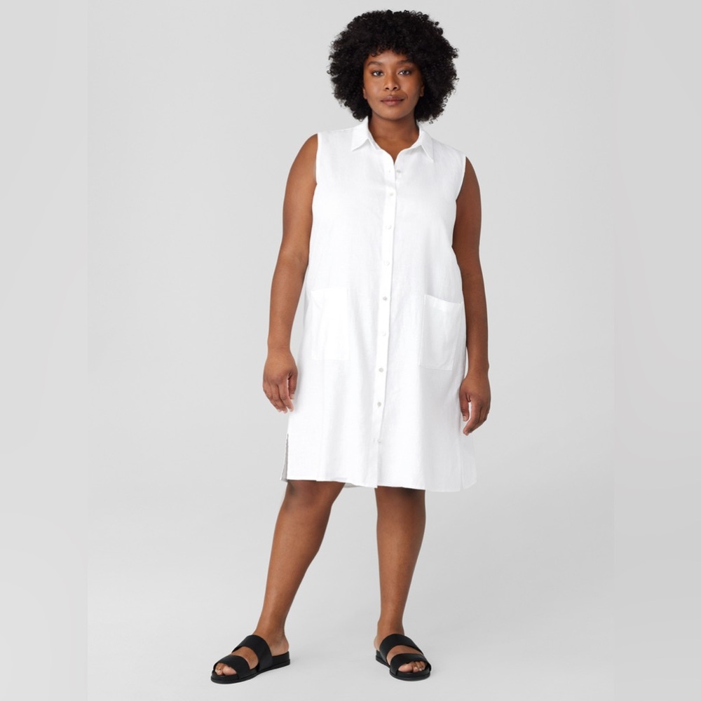 EILEEN FISHER 1X NEW Organic Linen Sleeveless Dress in White Collared Shirtdress